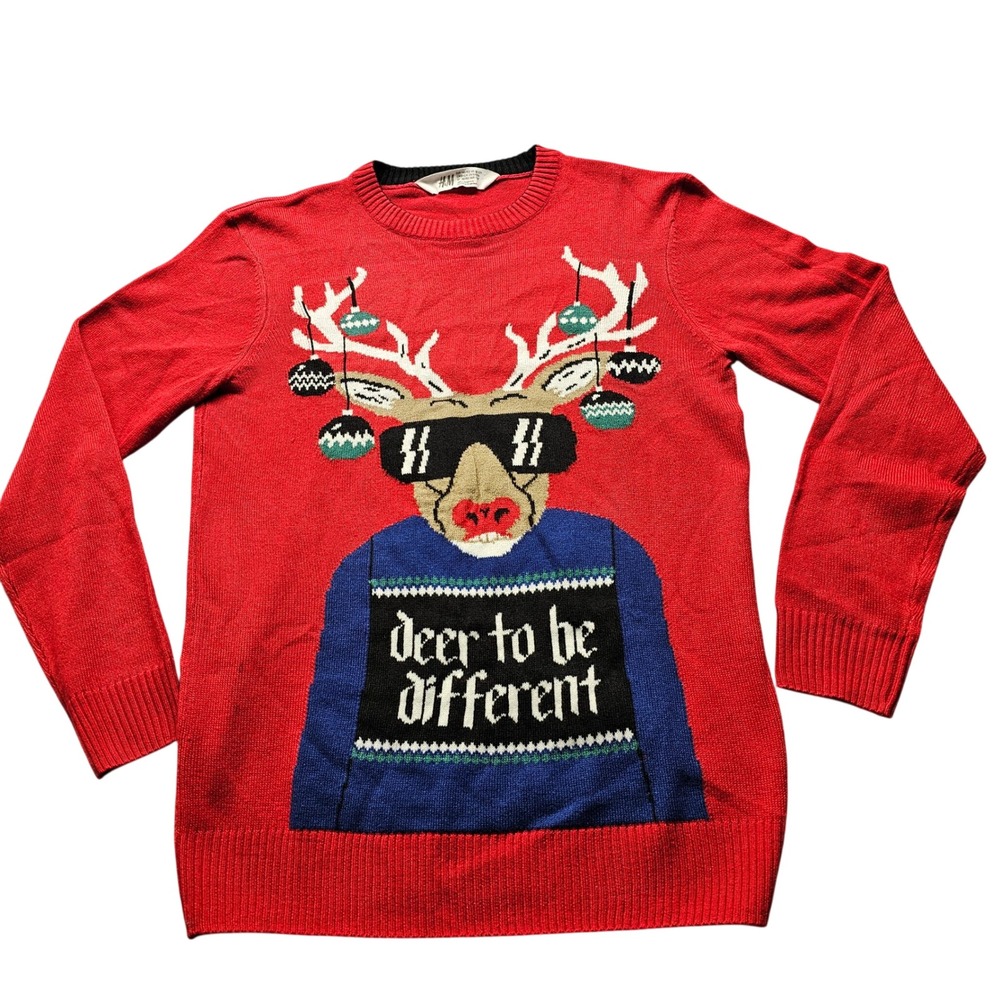 H&M Reindeer Holiday Sweater Boys 10-12Y Red Christmas Deer To Be Different